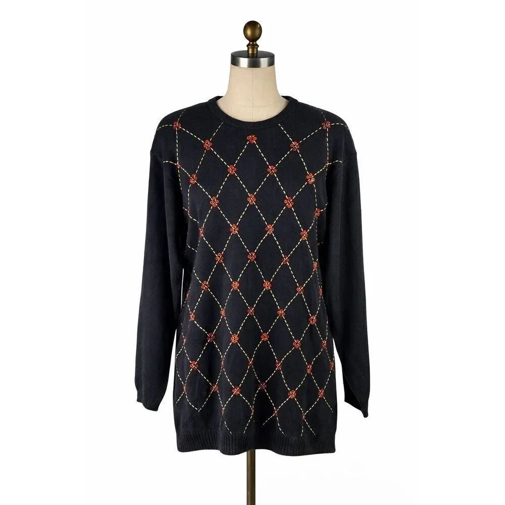 Vintage Joan Leslie L Black Beaded Sequin Sweater Wool Blend Dark Academia Core